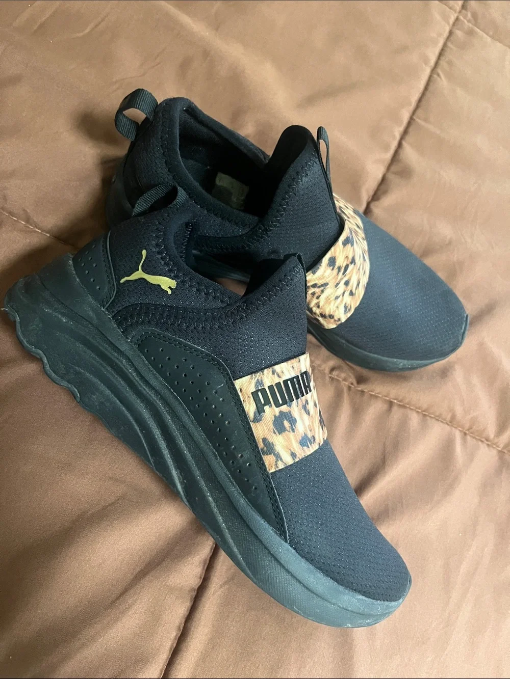 Puma Kids Black Slip-On Sneakers with Leopard Print Strap